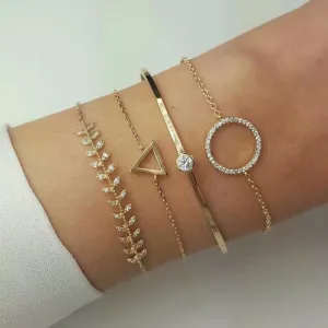 Set de 4 Pulseras de Moda Crystal Circle Leaves Triangle para Mujer Aleación de Zinc y Cristal