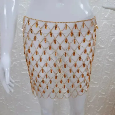 Sexy Nightclub Shiny Rhinestone Crystal Decor Women Mesh Chain Skirt