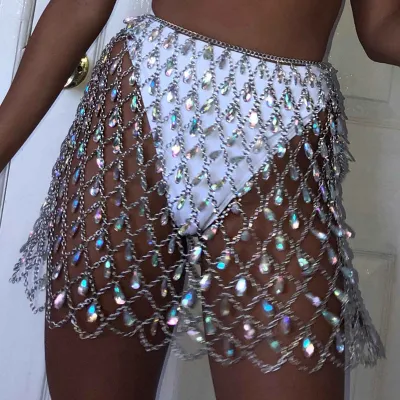 Sexy Nightclub Shiny Rhinestone Crystal Decor Women Mesh Chain Skirt
