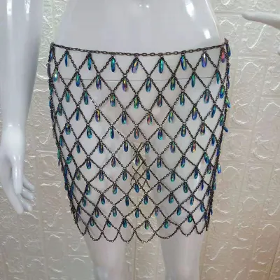 Sexy Nightclub Shiny Rhinestone Crystal Decor Women Mesh Chain Skirt
