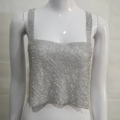 Sexy Nightclub Pattern Shiny Rhinestone Decor Women Back Split Tank Top