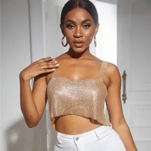 Sexy Nightclub Pattern Shiny Rhinestone Decor Women Back Split Tank Top