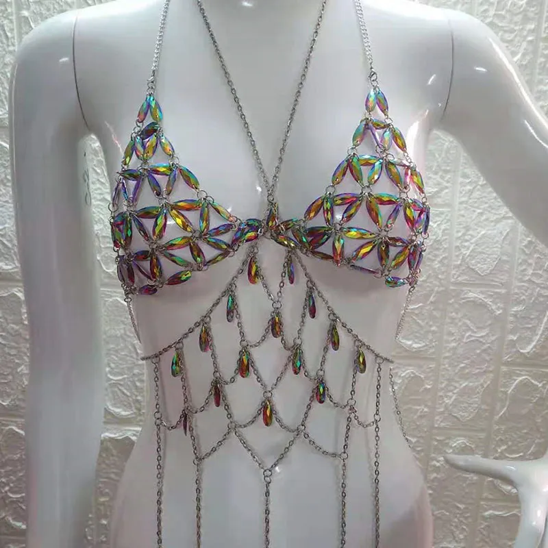 Women Beach Vacation Sexy Hollow Metal Chain Crystal Decor Bikini Body Jewelry Adjustable 79-99cm