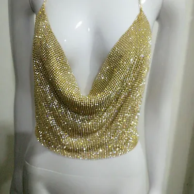 Sexy Nightclub Rhinestone Decor Women's Halter Neck Camis Body Jewelry