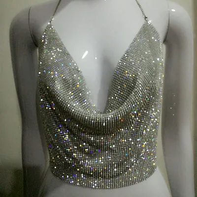 Sexy Nightclub Rhinestone Decor Women's Halter Neck Camis Body Jewelry