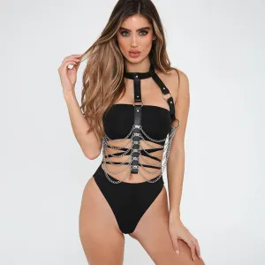 Sexy Lady Punk Style Pu Leather Belted Metal Chain Body Jewelry
