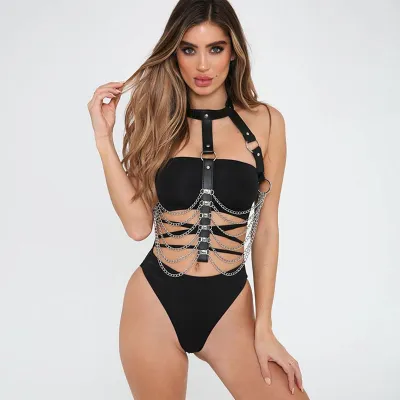 Sexy Lady Punk Style Pu Leather Belted Metal Chain Body Jewelry