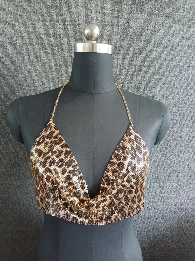 Vacation Sexy Backless Metal Chain Halter Pattern Shiny Mesh Camis