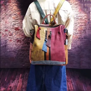 Retro Fashion Women Genuine Leather Color Block Patchwork Backpack