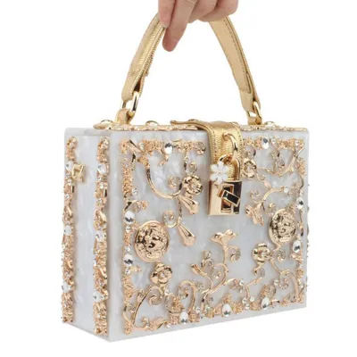 Elegant Women Acrylic Rhinestone Flower Pattern Solid Color Lock Closure Top Grade Party Bag