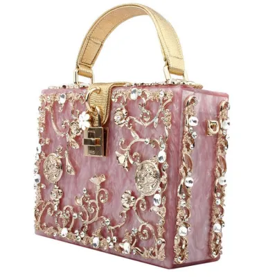 Elegant Women Acrylic Rhinestone Flower Pattern Solid Color Lock Closure Top Grade Party Bag