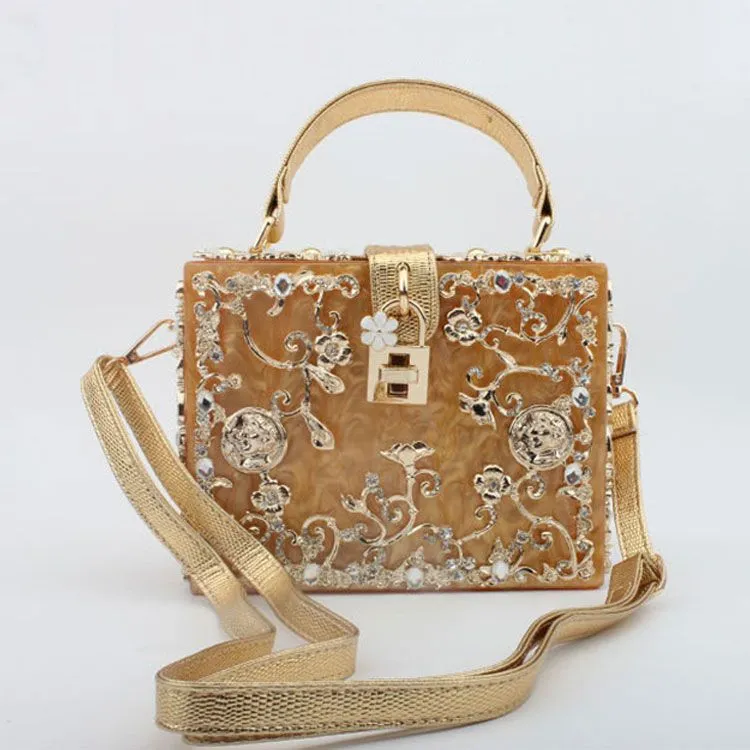 Elegant Women Acrylic Rhinestone Flower Pattern Solid Color Lock Closure Top Grade Party Bag