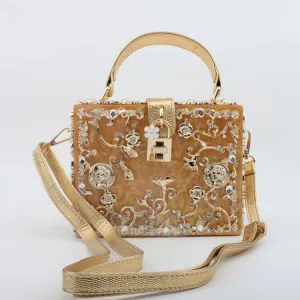 Elegant Women Acrylic Rhinestone Flower Pattern Solid Color Lock Closure Top Grade Party Bag