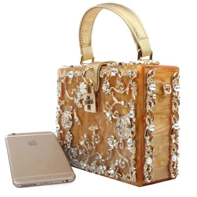 Elegant Women Acrylic Rhinestone Flower Pattern Solid Color Lock Closure Top Grade Party Bag