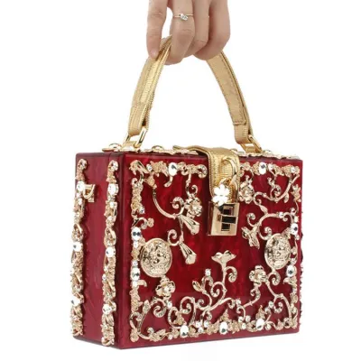 Elegant Women Acrylic Rhinestone Flower Pattern Solid Color Lock Closure Top Grade Party Bag