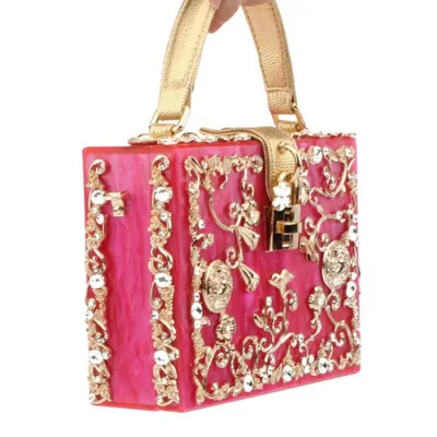 Elegant Women Acrylic Rhinestone Flower Pattern Solid Color Lock Closure Top Grade Party Bag