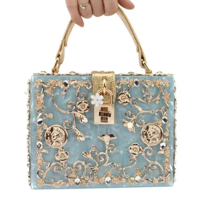Elegant Women Acrylic Rhinestone Flower Pattern Solid Color Lock Closure Top Grade Party Bag