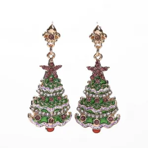 Women Christmas Tree Rhinestone Alloy Earrings