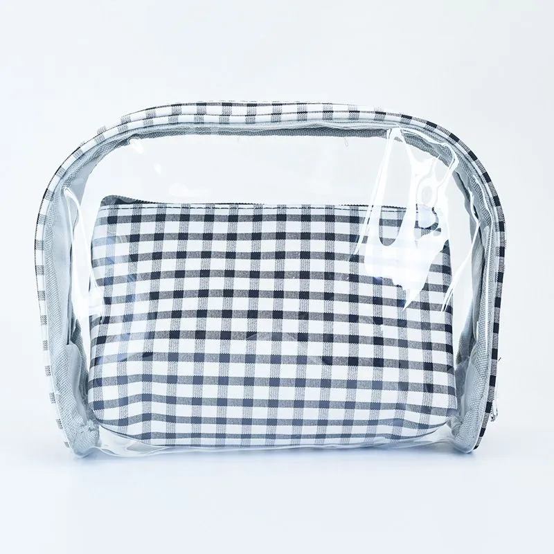 Easily-carried Small Size 2pcs/set Checkered Pattern Transparent PVC Cosmetic Bag