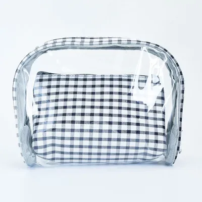 Easily-carried Small Size 2pcs/set Checkered Pattern Transparent PVC Cosmetic Bag