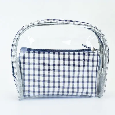 Easily-carried Small Size 2pcs/set Checkered Pattern Transparent PVC Cosmetic Bag
