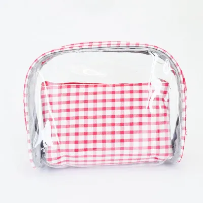 Easily-carried Small Size 2pcs/set Checkered Pattern Transparent PVC Cosmetic Bag