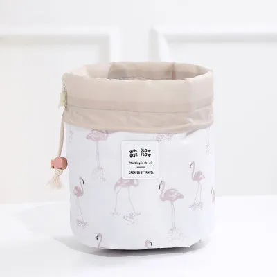 Floral Drawstring Cylinder Cosmetic Bag Oxford Cloth Travel Makeup Organizer
