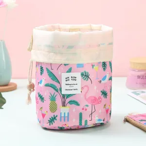 Floral Drawstring Cylinder Cosmetic Bag Oxford Cloth Travel Makeup Organizer