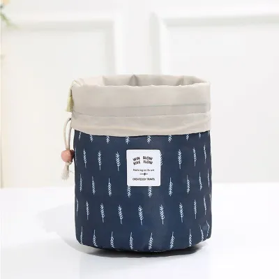 Floral Drawstring Cylinder Cosmetic Bag Oxford Cloth Travel Makeup Organizer