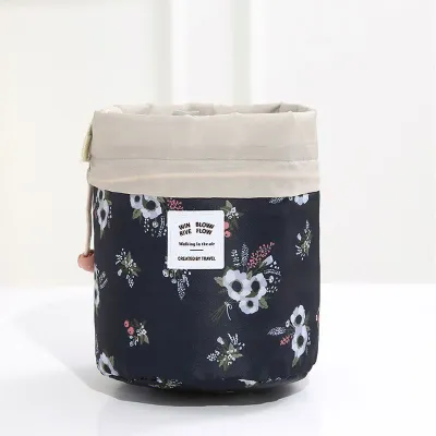 Floral Drawstring Cylinder Cosmetic Bag Oxford Cloth Travel Makeup Organizer