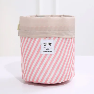 Floral Drawstring Cylinder Cosmetic Bag Oxford Cloth Travel Makeup Organizer