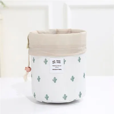Floral Drawstring Cylinder Cosmetic Bag Oxford Cloth Travel Makeup Organizer