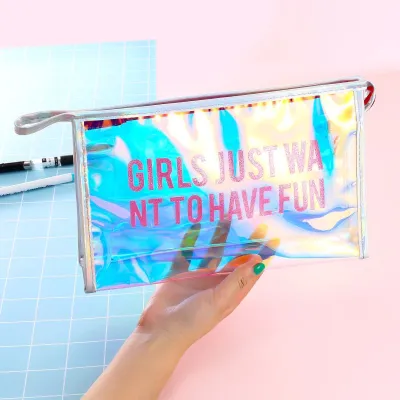 Women Transparent PVC Letter Printed Portable Makeup Cosmetic Bag
