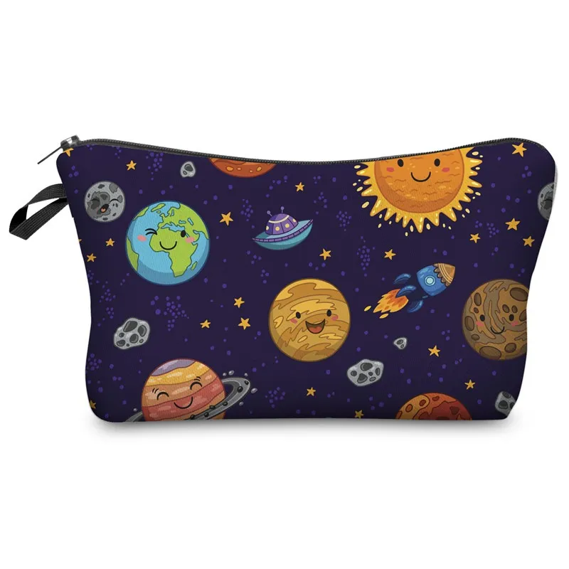 Women Portable Cartoon Planet Pattern Zipper Design Cosmetic Storage Bag