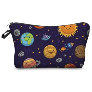 Women Portable Cartoon Planet Pattern Zipper Design Cosmetic Storage Bag