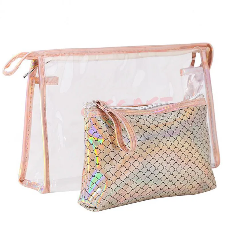 2Pcs/set Fish Scales Pattern Transparent Waterproof PVC Cosmetic Bag