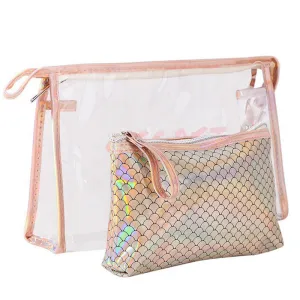 2Pcs/set Fish Scales Pattern Transparent Waterproof PVC Cosmetic Bag