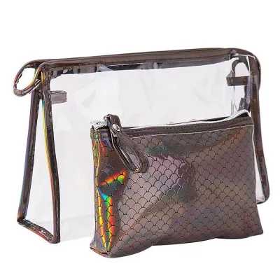 2Pcs/set Fish Scales Pattern Transparent Waterproof PVC Cosmetic Bag
