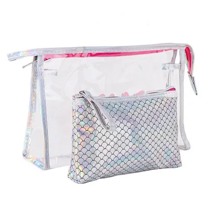 2Pcs/set Fish Scales Pattern Transparent Waterproof PVC Cosmetic Bag