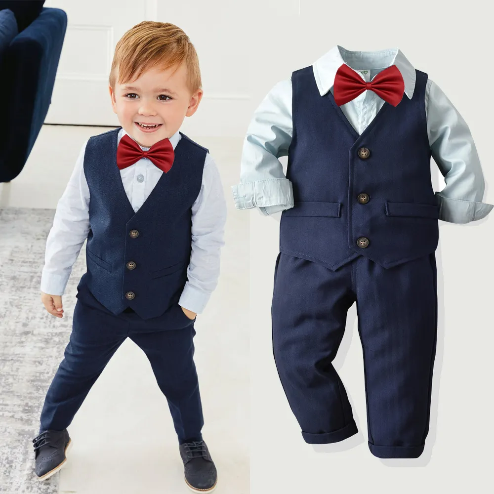 Classic Style Boy Shirt And Button Design Vest And Pant With Bowtie Set For Toddler Boys