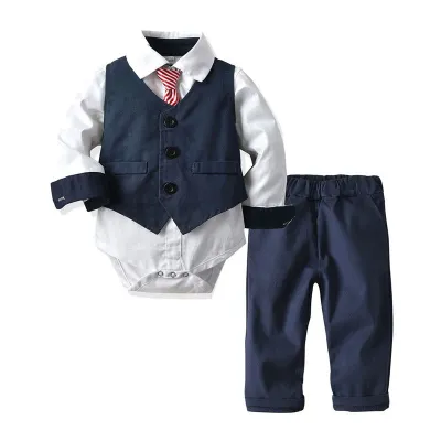 Classic Party Boy Solid Color Cotton Shirt Vest and Pant with Tie for Toddler