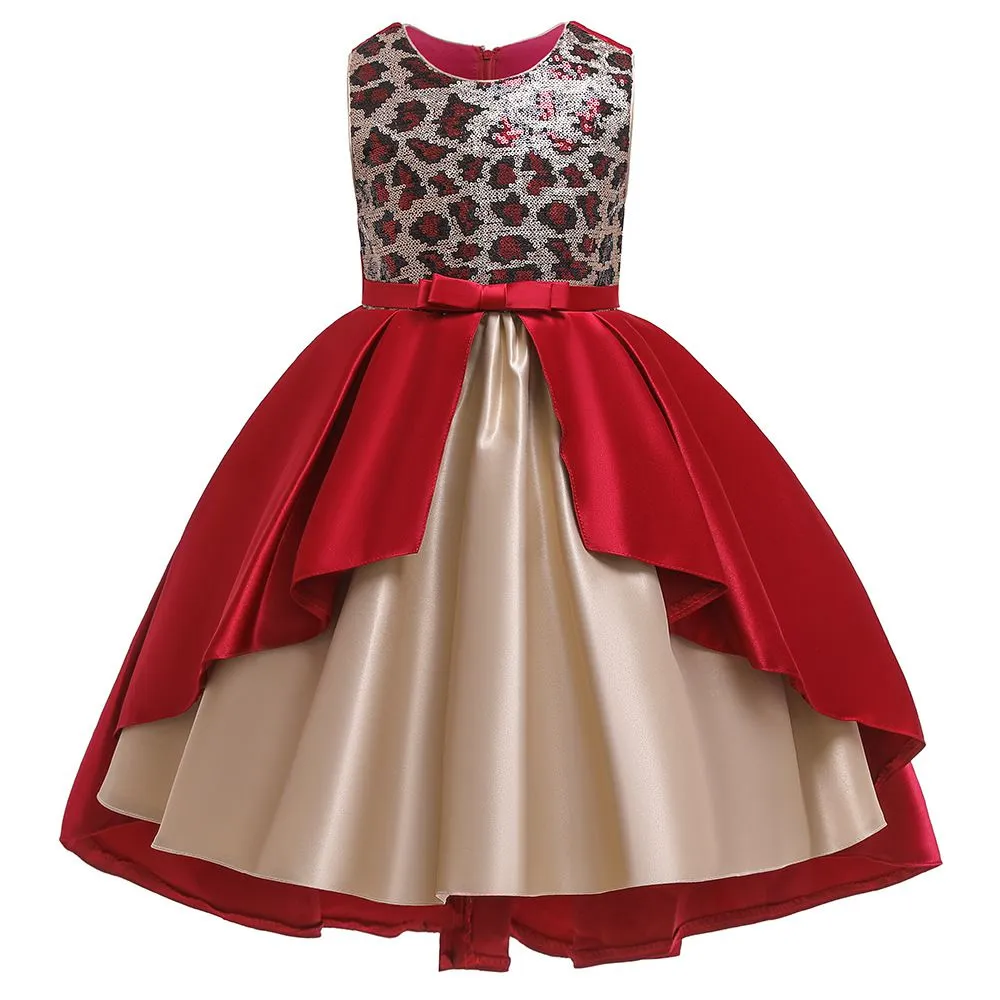 Fashion Kids Girls Leopard Pattern Sequin Patchwork Irregular Party Dress