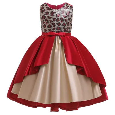 Fashion Kids Girls Leopard Pattern Sequin Patchwork Irregular Party Dress