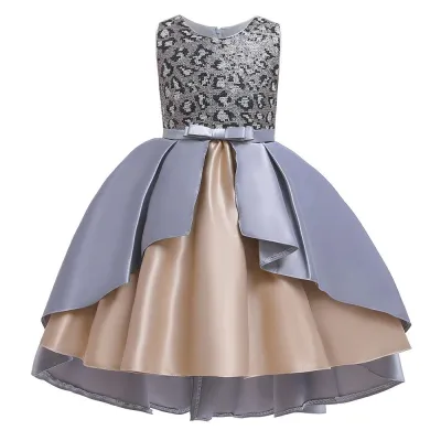 Fashion Kids Girls Leopard Pattern Sequin Patchwork Irregular Party Dress