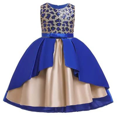 Fashion Kids Girls Leopard Pattern Sequin Patchwork Irregular Party Dress