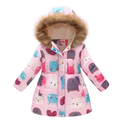 Girls Colorful Print Slim Fit Fur Collar Hooded Warm Coat with Zipper