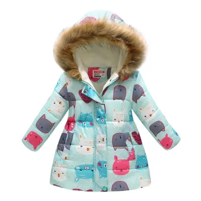 Girls Colorful Print Slim Fit Fur Collar Hooded Warm Coat with Zipper