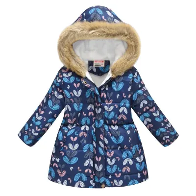 Girls Colorful Print Slim Fit Fur Collar Hooded Warm Coat with Zipper