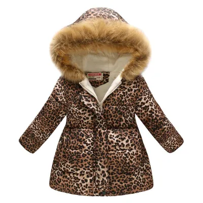 Girls Colorful Print Slim Fit Fur Collar Hooded Warm Coat with Zipper