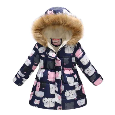 Girls Colorful Print Slim Fit Fur Collar Hooded Warm Coat with Zipper